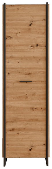 Frontansicht eines modernen Garderobenschranks aus Holz mit dunklen Akzenten und einer minimalistischen Griffleiste.