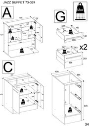 Technische Zeichnung eines Buffet-Schranks mit verschiedenen Perspektiven und Maßen. Die Zeichnung zeigt die Front- und Seitenansicht des Schranks mit detaillierten Abmessungen und maximalen Gewichtsangaben für die Regale und Schubladen.