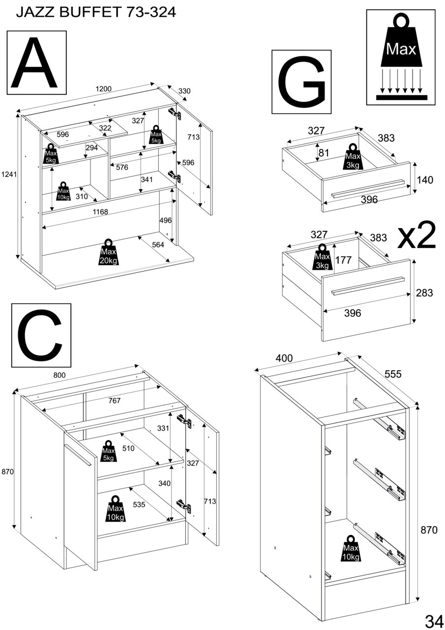 Technische Zeichnung eines Buffet-Schranks mit verschiedenen Perspektiven und Maßen. Die Zeichnung zeigt die Front- und Seitenansicht des Schranks mit detaillierten Abmessungen und maximalen Gewichtsangaben für die Regale und Schubladen.