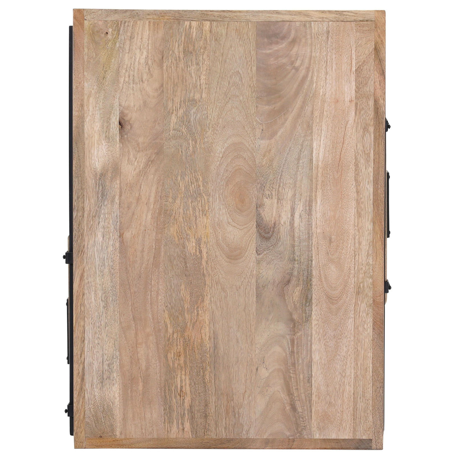 Vogelperspektive auf eine rechteckige Couchtischplatte aus hellem Holz mit natürlicher Maserung.