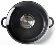 Alugussbräter mit Glasdeckel, Draufsicht, Durchmesser 28 cm, schwarze Griffe