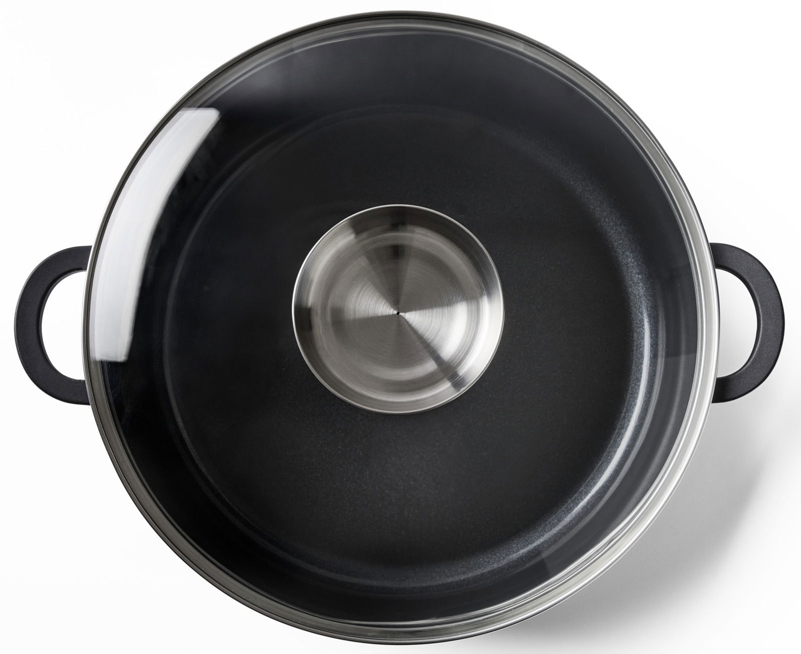 Alugussbräter mit Glasdeckel, Draufsicht, Durchmesser 28 cm, schwarze Griffe