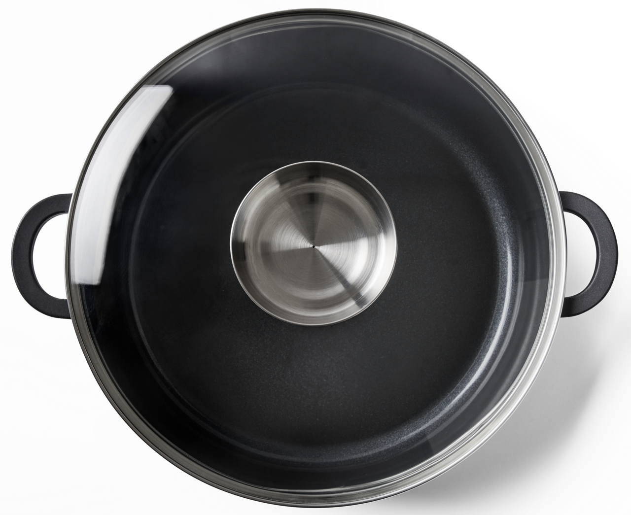 Alugussbräter mit Glasdeckel, Draufsicht, Durchmesser 28 cm, schwarze Griffe