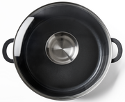 Alugussbräter mit Glasdeckel, Draufsicht, Durchmesser 28 cm, schwarze Griffe