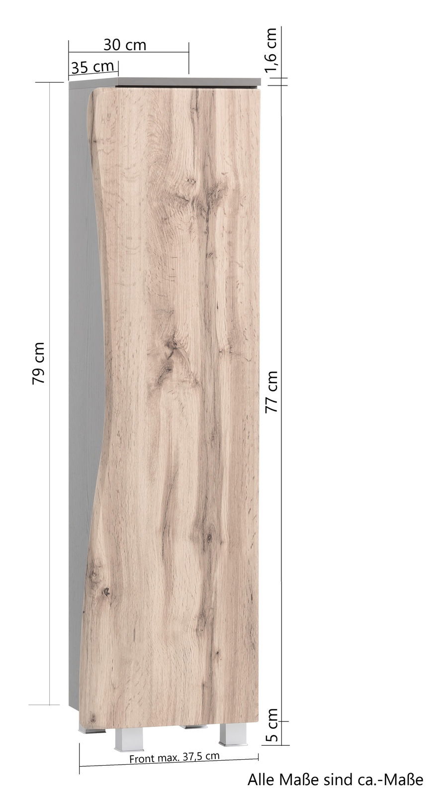 Midischrank in Holzoptik, seitliche Perspektive mit sichtbaren Maßen.
