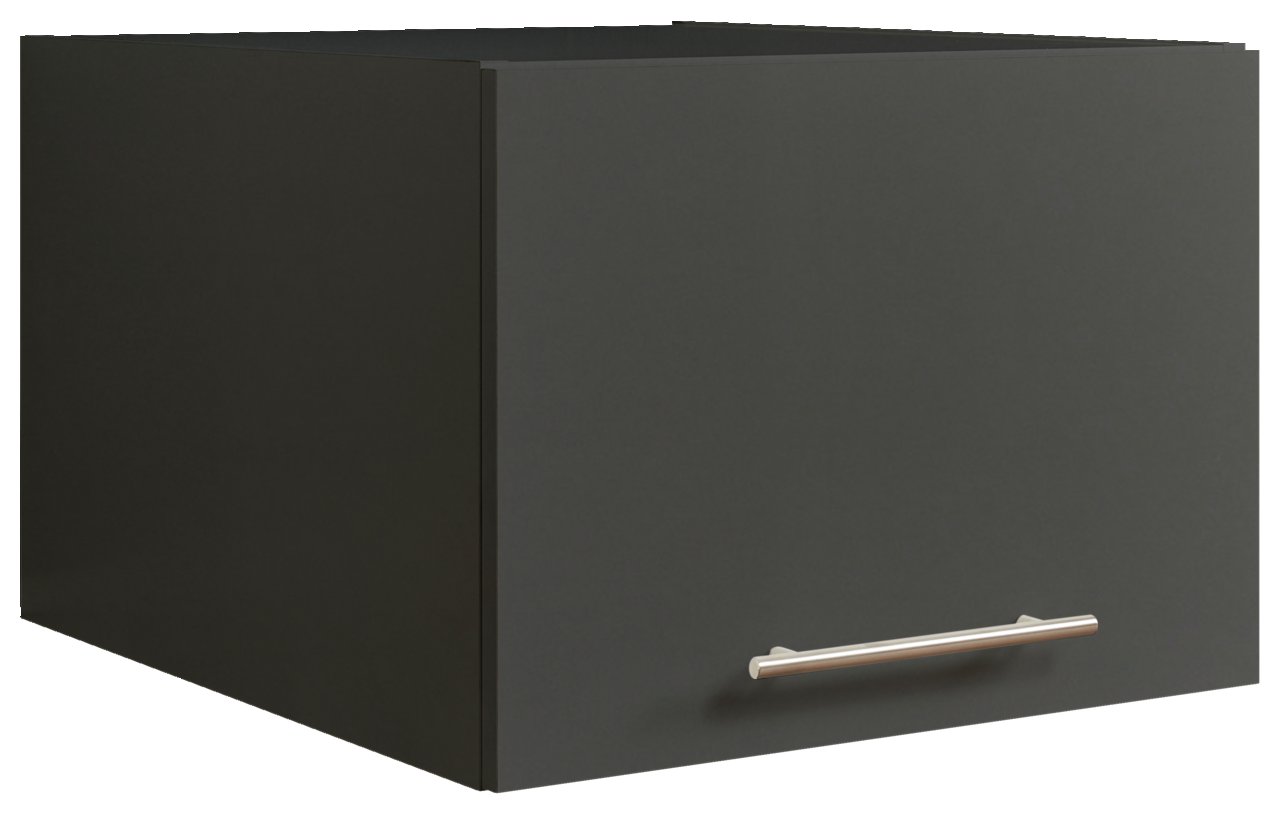 XORA Aufsatzschrank schmal PRIMUS Schwarzer, schmaler Aufsatzschrank mit silbernem Griff, perspektivisch von vorne rechts gesehen.