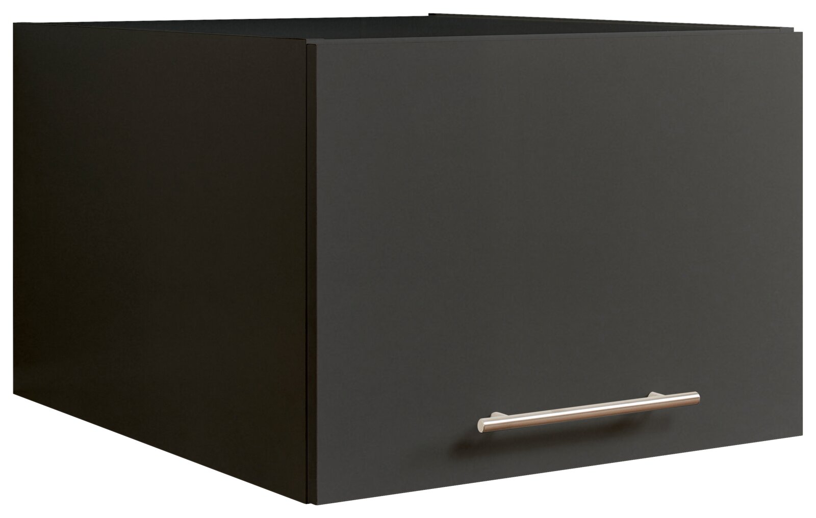 XORA Aufsatzschrank schmal PRIMUS Schwarzer, schmaler Aufsatzschrank mit silbernem Griff, perspektivisch von vorne rechts gesehen.