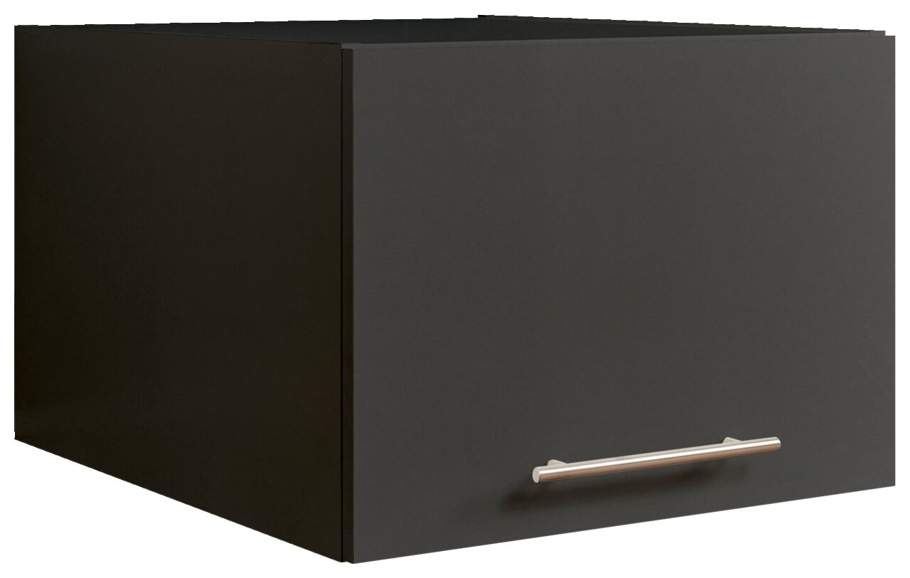 XORA Aufsatzschrank schmal PRIMUS Schwarzer, schmaler Aufsatzschrank mit silbernem Griff, perspektivisch von vorne rechts gesehen.