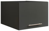 Schwarzer, schmaler Aufsatzschrank mit silbernem Griff, perspektivisch von vorne rechts gesehen.