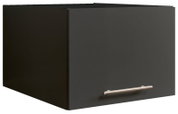 Schwarzer, schmaler Aufsatzschrank mit silbernem Griff, perspektivisch von vorne rechts gesehen.