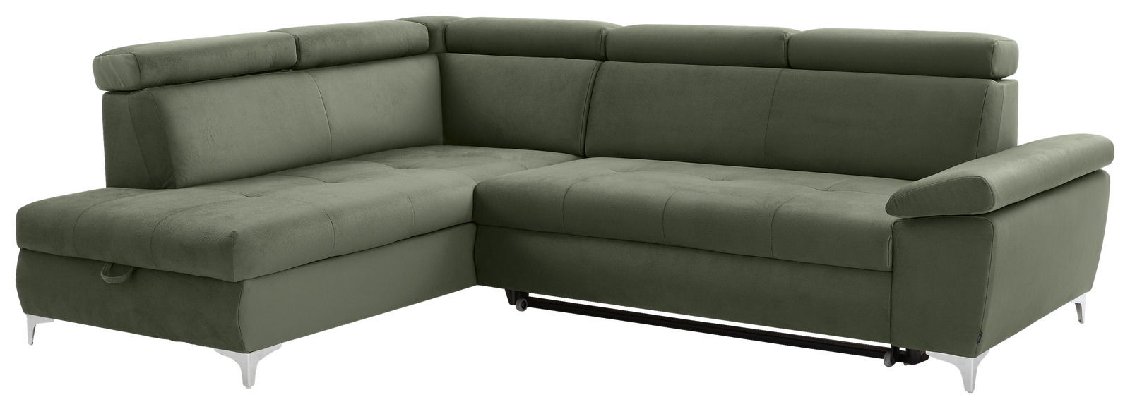 Grüne Ecksofa mit verstellbaren Kopfstützen und modernem Design, Perspektive von vorne links