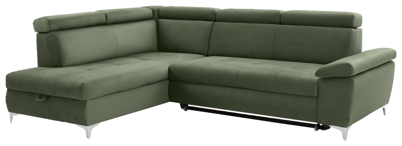 Grüne Ecksofa mit verstellbaren Kopfstützen und modernem Design, Perspektive von vorne links