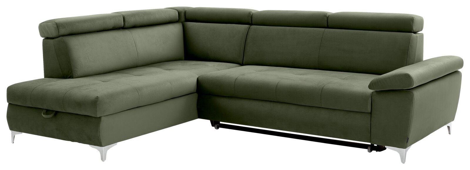 Osca Ecksofa RAUL Grüne Ecksofa mit verstellbaren Kopfstützen und modernem Design, Perspektive von vorne links