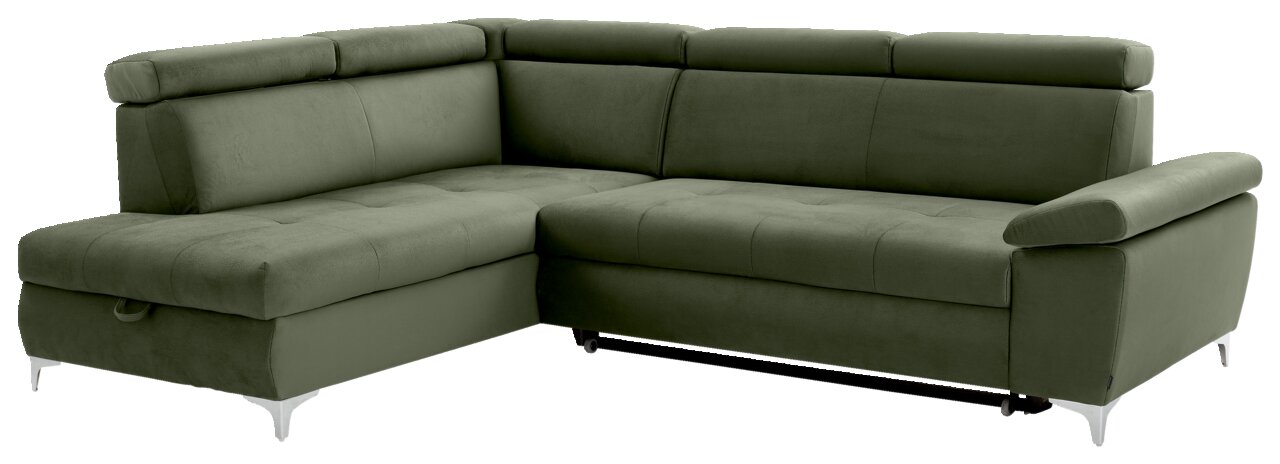 Grüne Ecksofa mit verstellbaren Kopfstützen und modernem Design, Perspektive von vorne links