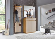 Moderner Eingangsbereich mit Garderobenpaneel, Spiegel und Kommode in Holzoptik, seitliche Perspektive.
