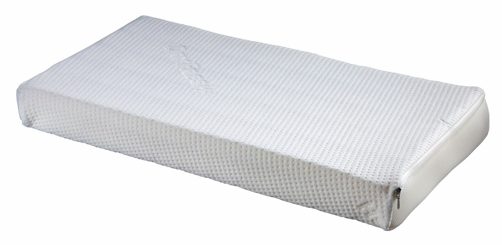 Rechteckiges, weißes Kissen mit strukturierter Oberfläche und Reißverschluss, seitliche Perspektive