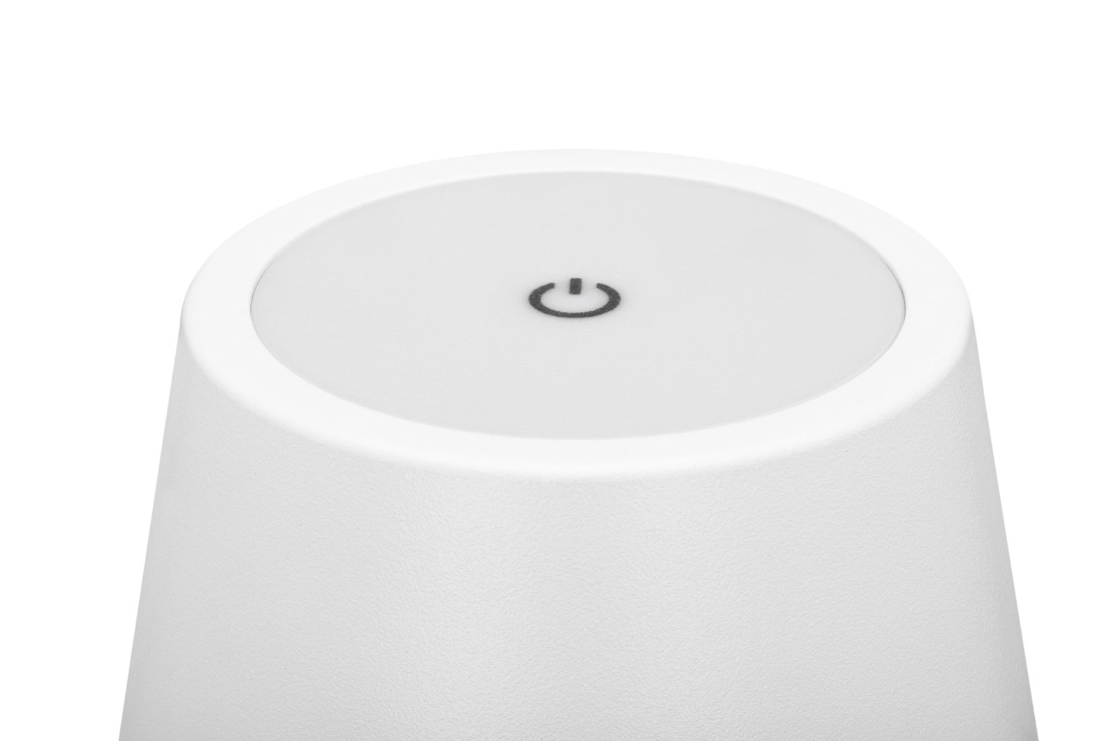 Novel Akku-Stehleuchte SEATTLE Nahaufnahme der Oberseite einer weißen Akku-Stehleuchte mit einem Ein-/Ausschalter-Symbol.