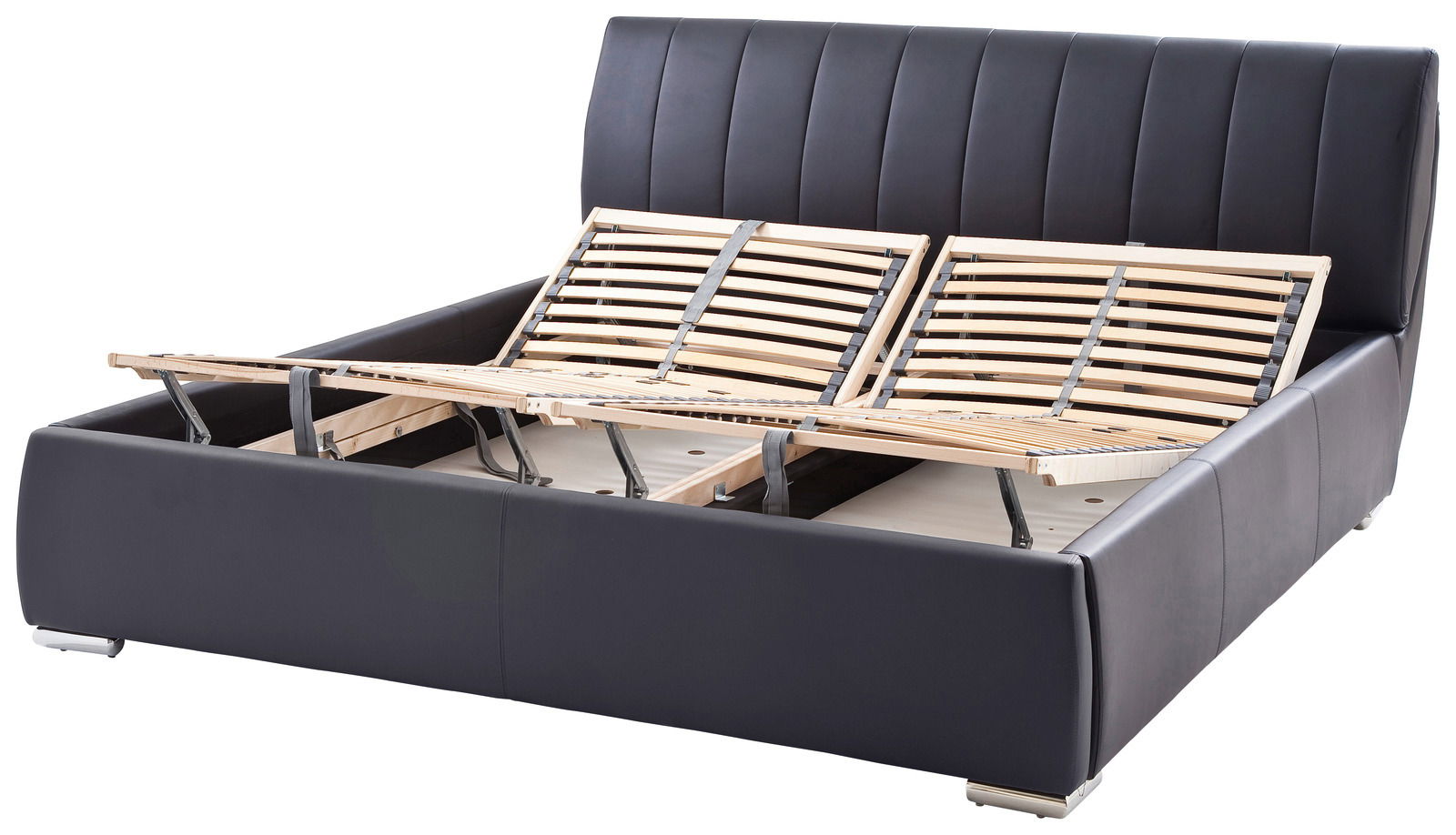Polsterbett mit hochgeklapptem Lattenrost, seitliche Perspektive