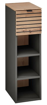 Hängeregal mit Holzfront und schwarzen Regalfächern, seitliche Perspektive