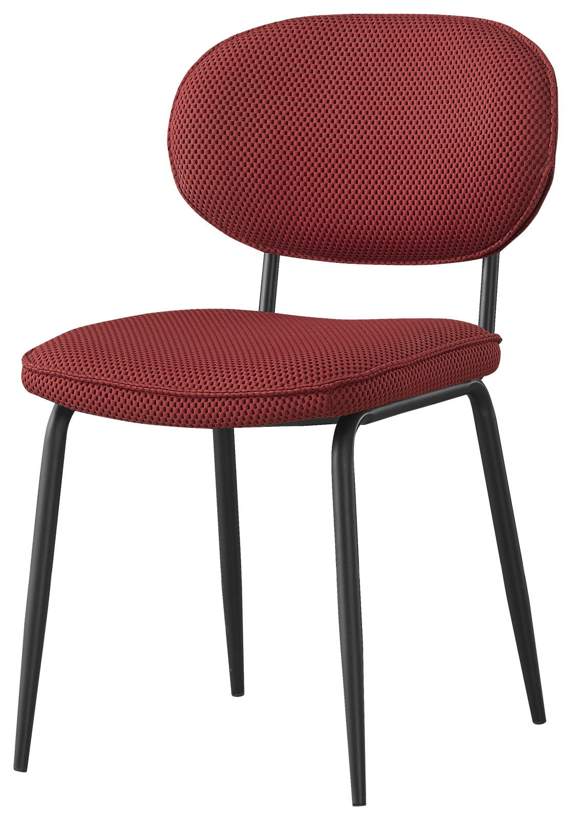 Roter Stuhl mit gepolsterter Sitzfläche und Rückenlehne, schwarzes Metallgestell, seitliche Perspektive