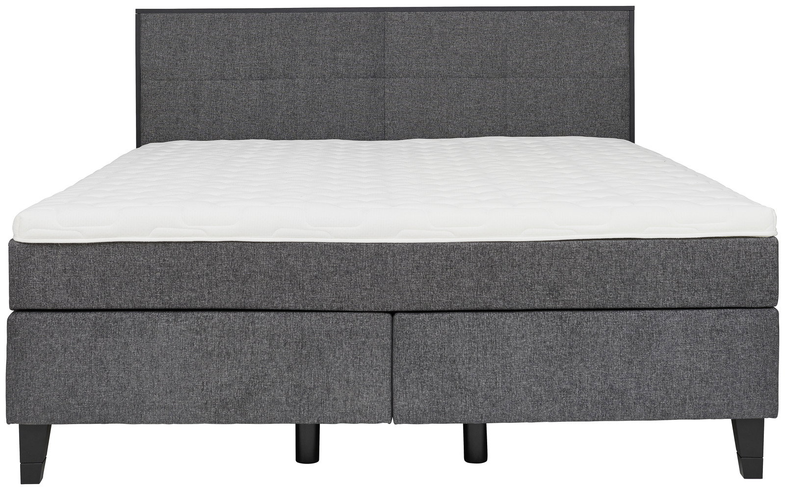 Frontale Ansicht eines grauen Boxspringbetts mit gepolstertem Kopfteil und weißer Matratze.