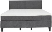 Frontale Ansicht eines grauen Boxspringbetts mit gepolstertem Kopfteil und weißer Matratze.