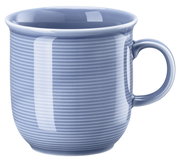 Großer blauer Becher mit Henkel, seitliche Perspektive