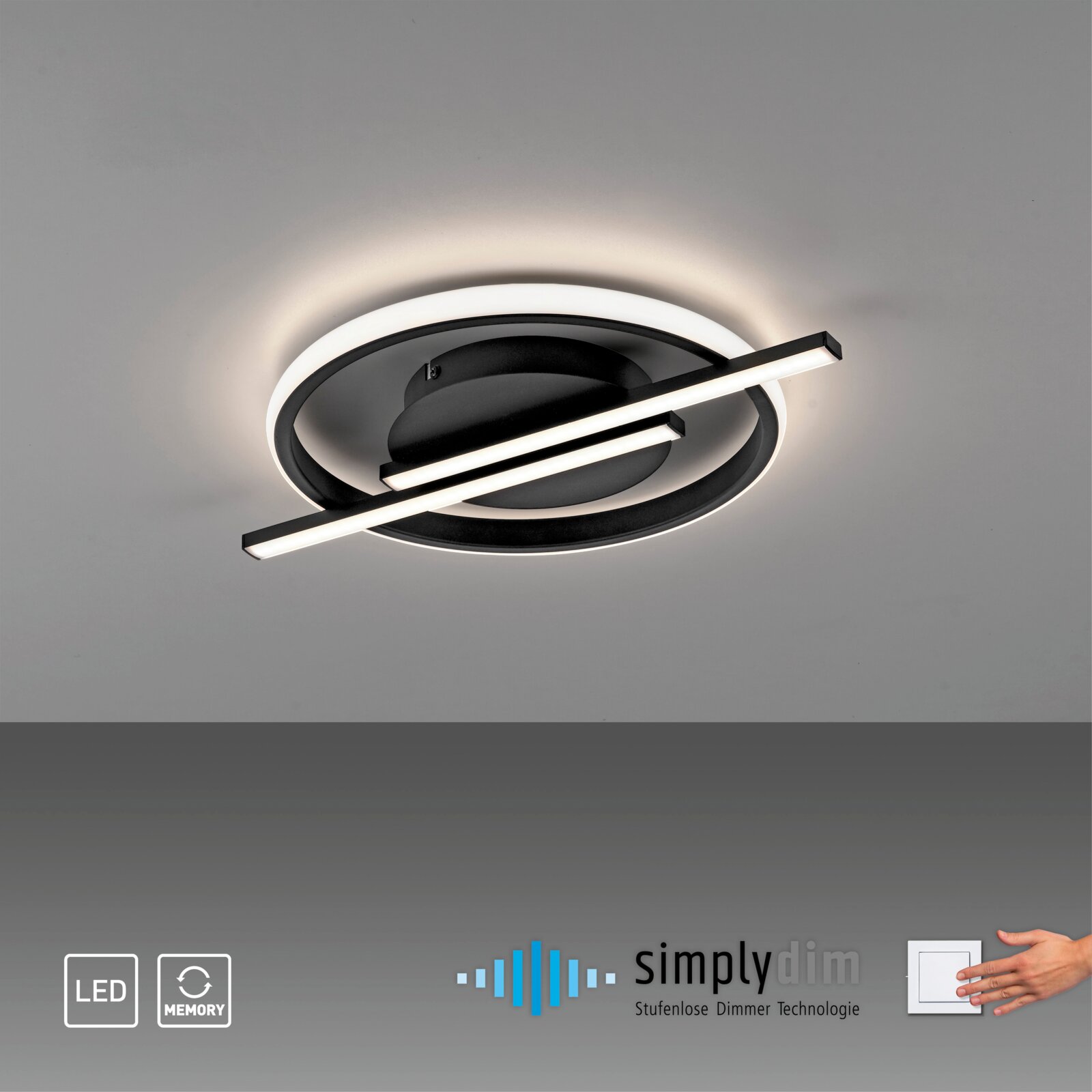 Moderne LED-Deckenleuchte mit kreisförmigem Design und dimmbarer Technologie, seitliche Perspektive.