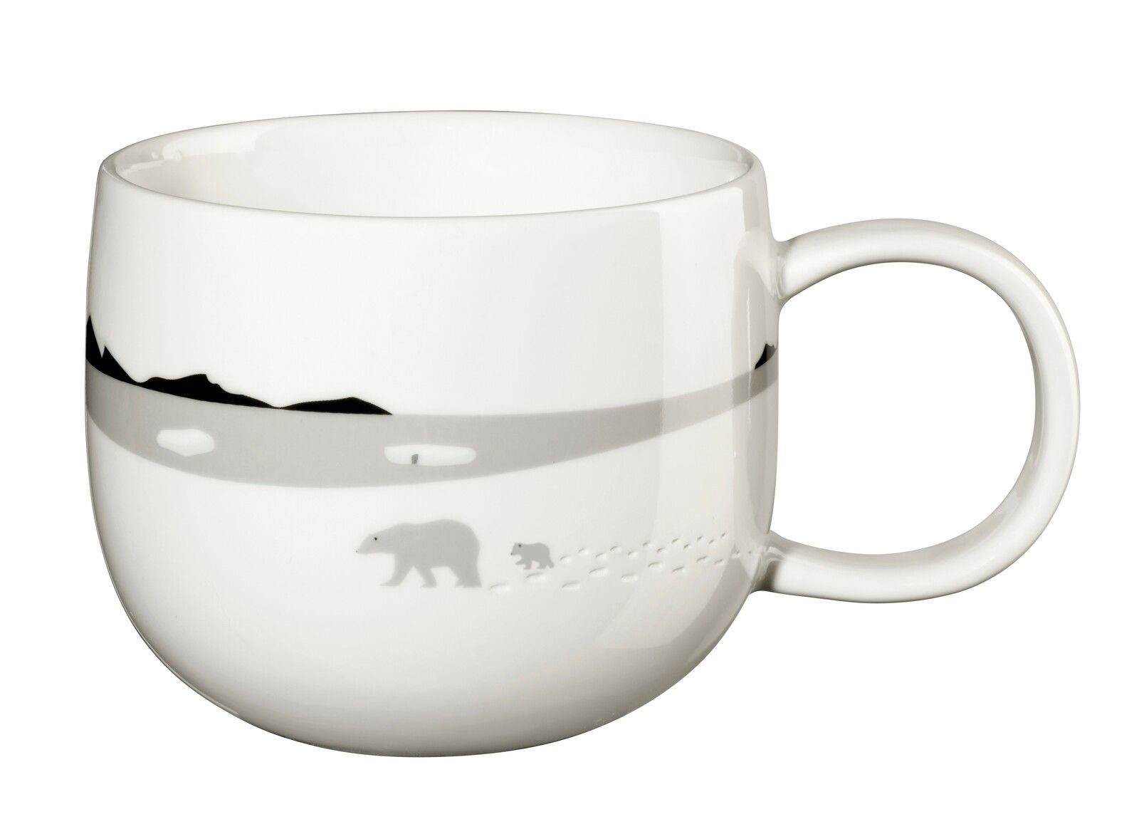Weißer Henkelbecher mit nordischem Design, Eisbärenmotiv und Landschaft, seitliche Perspektive