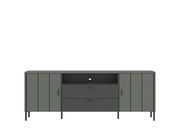 Frontale Ansicht des TV-Lowboards SHIRLEY in dunklem Grau mit zwei Schubladen und seitlichen Türen.