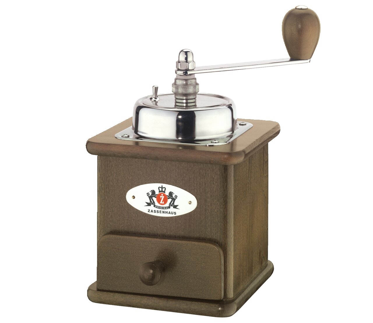 Kaffeemühle Brasilia braun aus Holz mit Kurbel, seitliche Perspektive