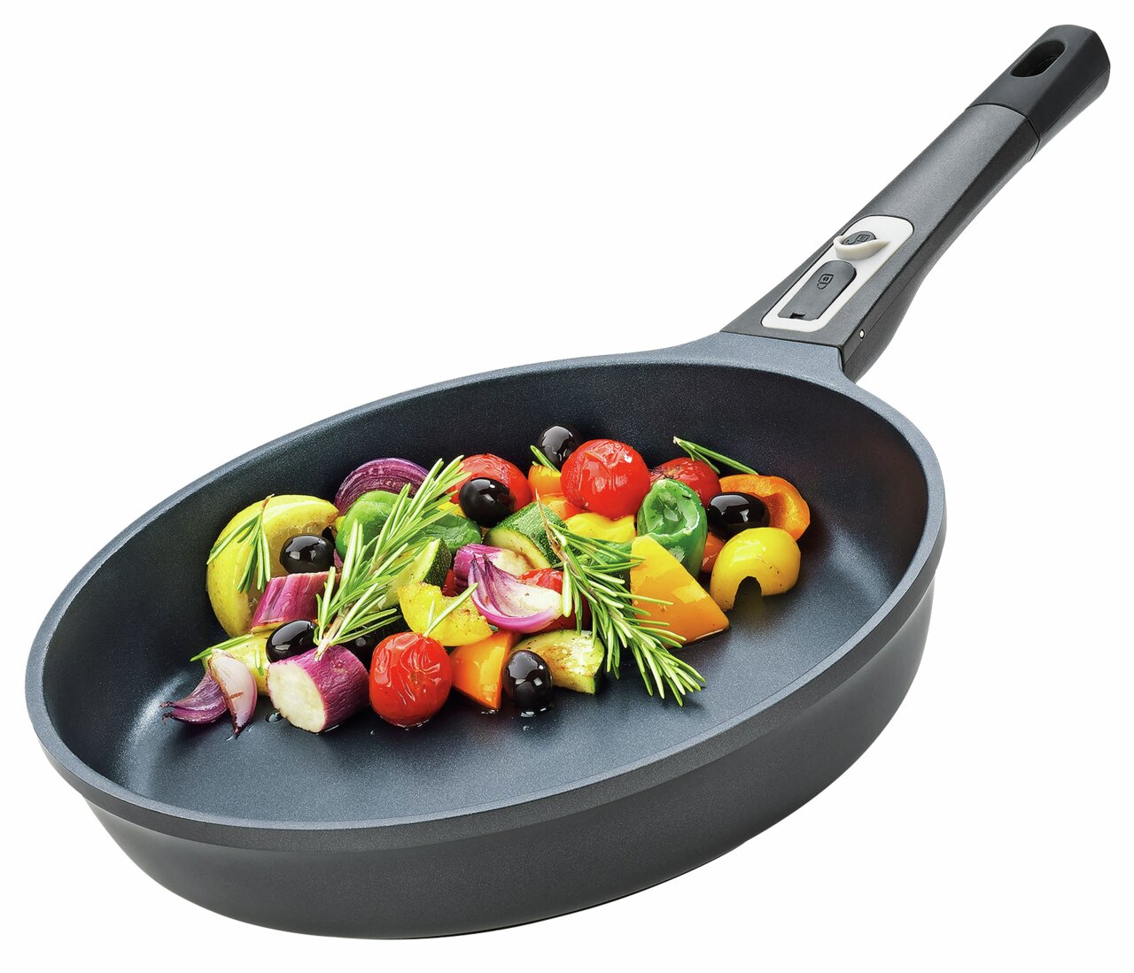 Bratpfanne Milano 28cm mit frischem Gemüse, seitliche Perspektive
