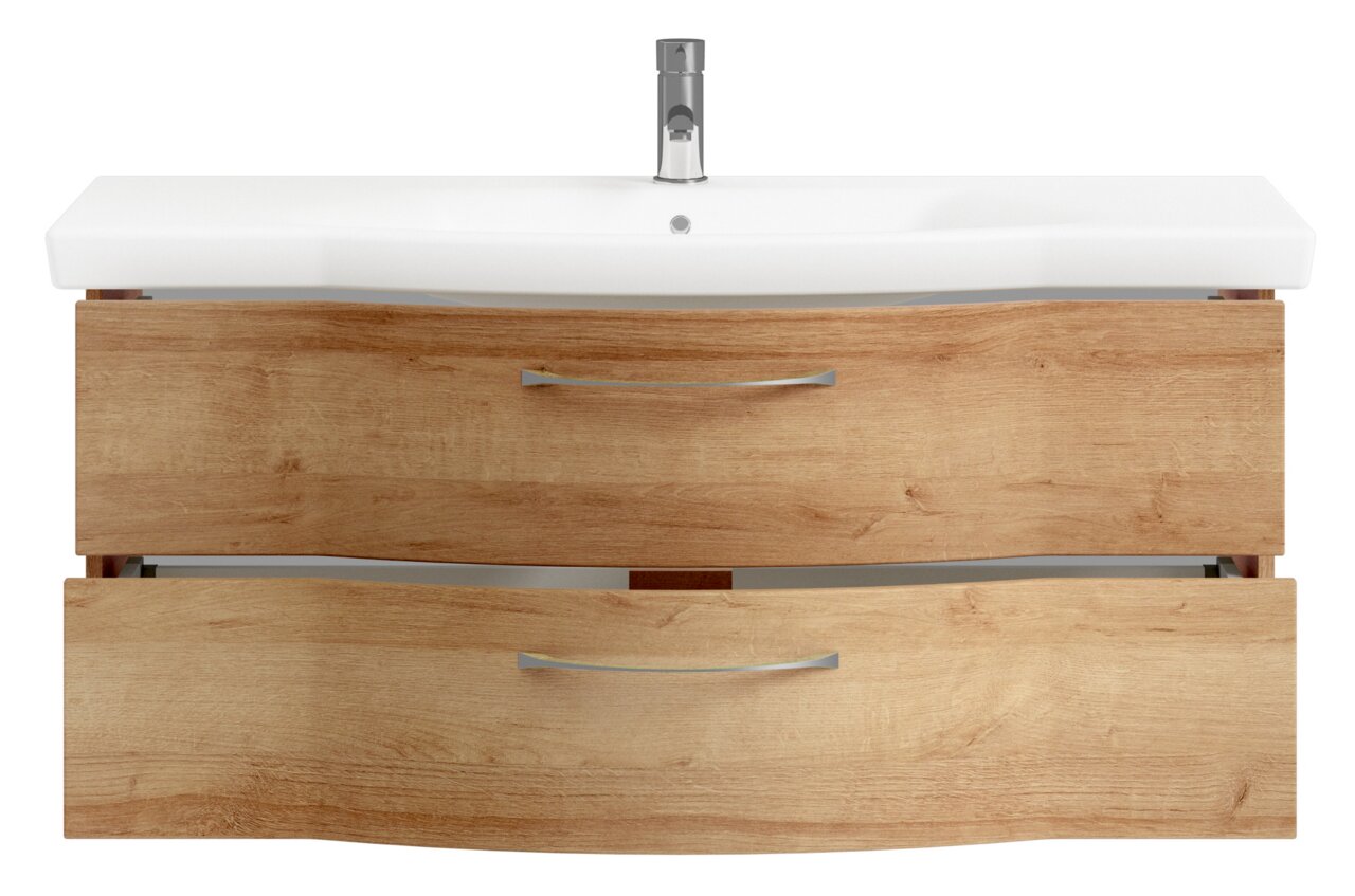 Waschtischlösung mit zwei Holzschubladen und weißem Waschbecken, Frontalansicht