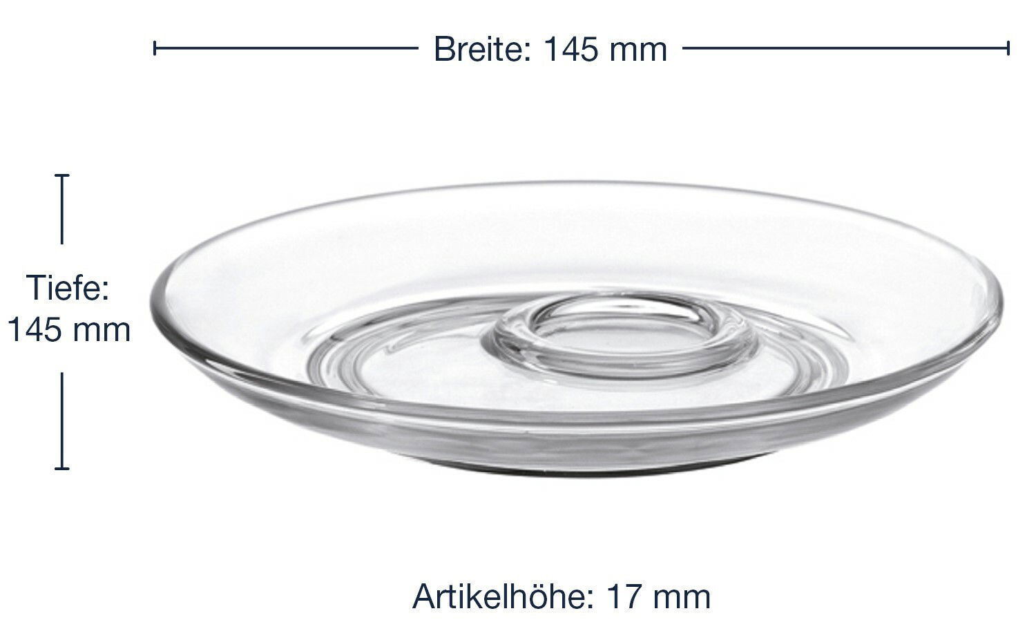 Glasuntertasse Senso mit einem Durchmesser von 145 mm und einer Höhe von 17 mm, seitliche Perspektive