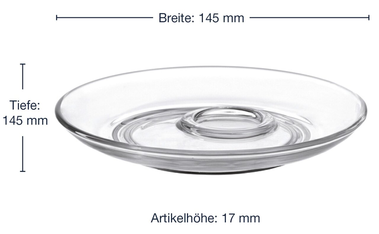 Glasuntertasse Senso mit einem Durchmesser von 145 mm und einer Höhe von 17 mm, seitliche Perspektive