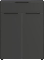 Moderne schwarze Kommode mit einer Schublade und zwei Türen, Frontalansicht