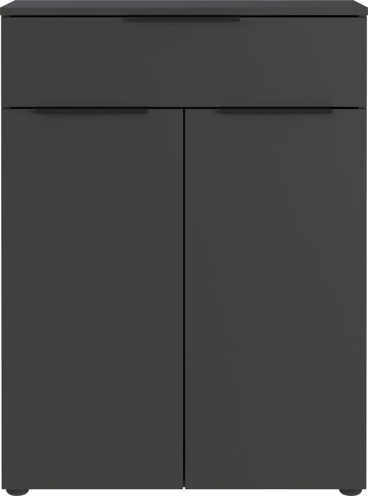 Moderne schwarze Kommode mit einer Schublade und zwei Türen, Frontalansicht