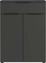 Moderne schwarze Kommode mit einer Schublade und zwei Türen, Frontalansicht