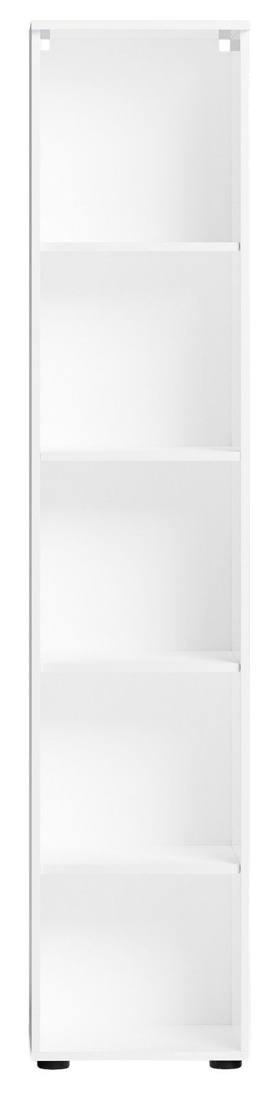 Weißes hohes Aktenregal mit vier offenen Fächern, frontale Ansicht.