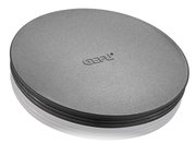 Runde, graue Schüssel mit Spritzschutzdeckel, von oben betrachtet.