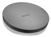 Runde, graue Schüssel mit Spritzschutzdeckel, von oben betrachtet.