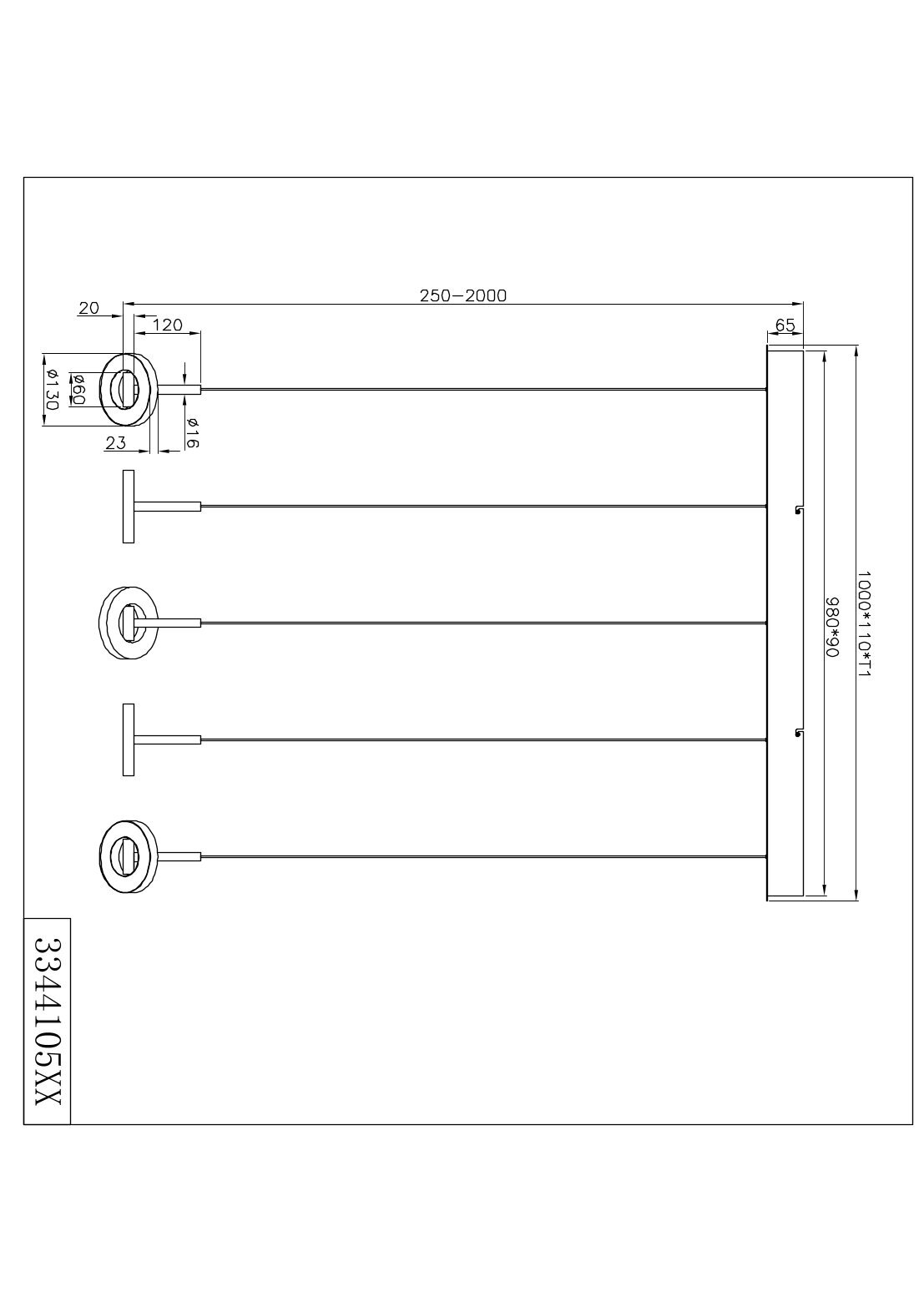 Technische tekening in zijaanzicht van een meerarmige metalen wandbeugel/ophangsysteem met drie stangen en ronde eindkappen, lengte verstelbaar 250–2000 mm