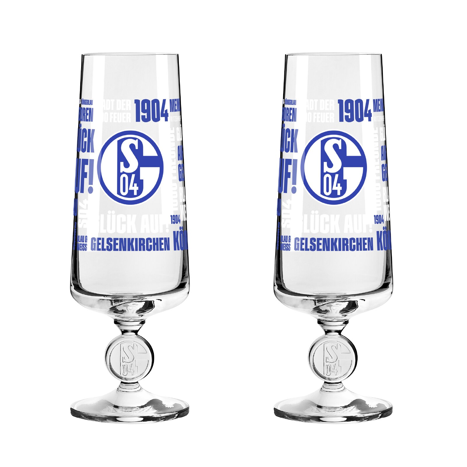 Ritzenhoff Bierglas 2er-Set FC SCHALKE 04 Zwei klare FC-Schalke-04-Pokalgläser mit blau-weißem Logo und Schriftzug, frontal aus gerader Perspektive vor weißem Hintergrund