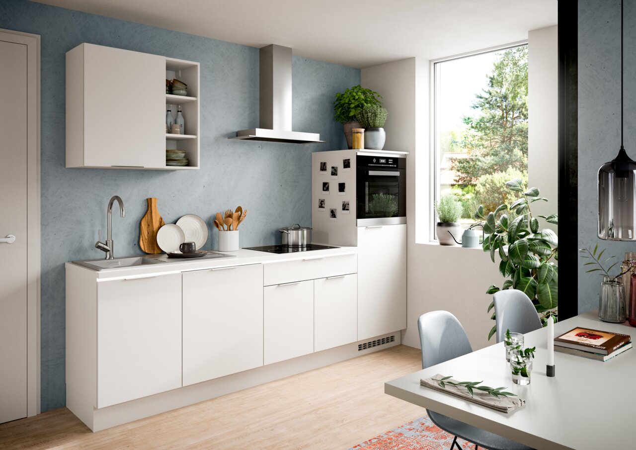 Moderne weiße Küchenzeile mit Hängeschrank, Dunstabzugshaube und eingebautem Backofen, seitliche Perspektive mit Blick auf ein großes Fenster und Pflanzen.