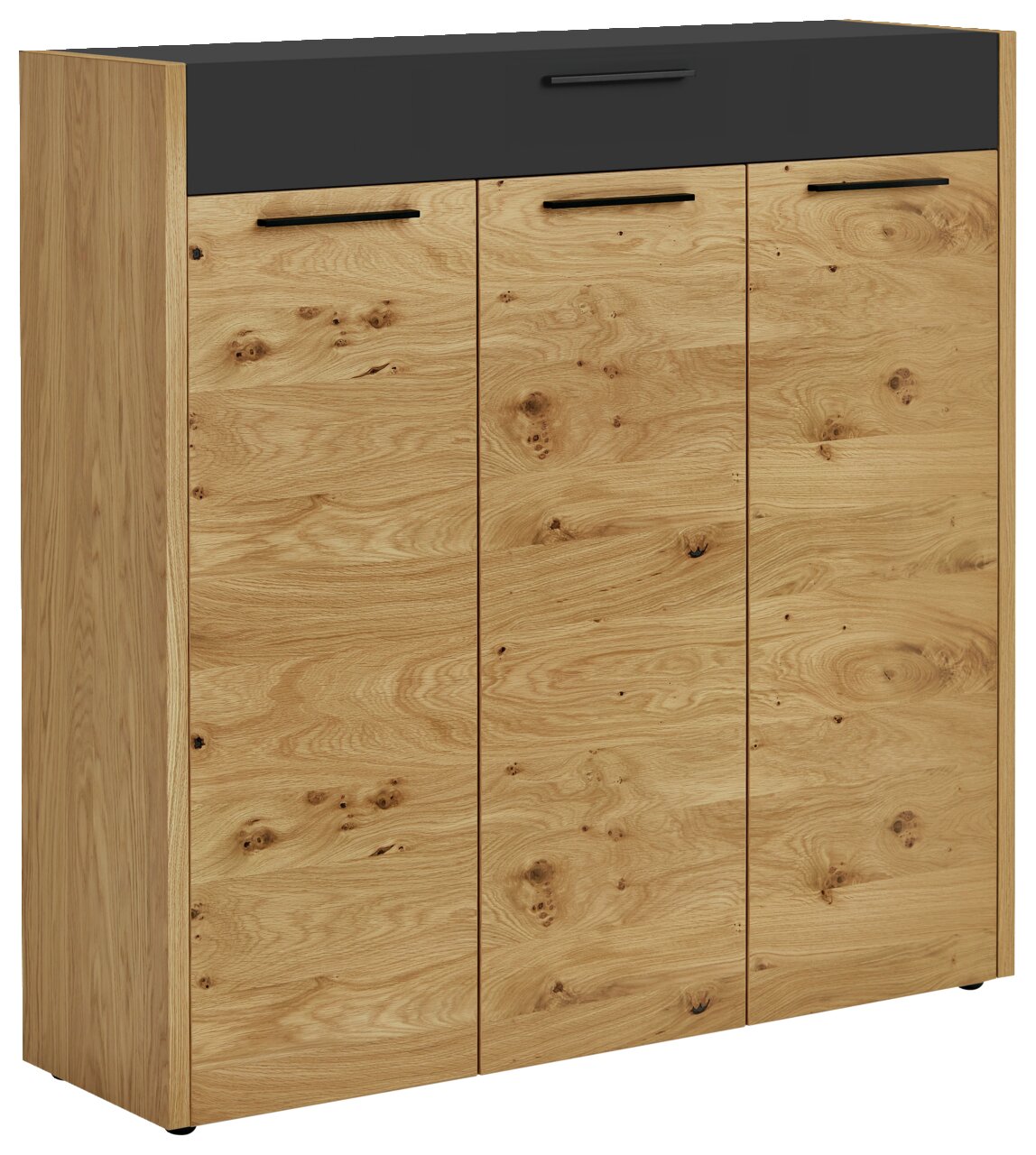 XL-Schuhkommode aus der Serie LEVIO von VOSS in Holzoptik mit drei Türen und einer Schublade, seitliche Perspektive