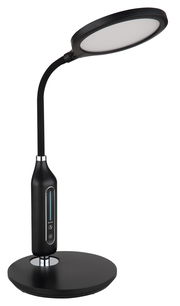 Moderne schwarze Tischleuchte FRUGGY mit flexiblem Hals und rundem Lampenschirm, seitliche Ansicht.