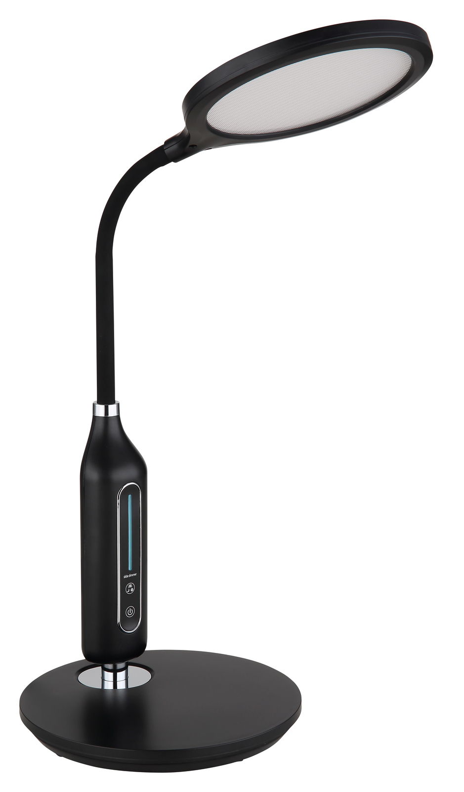 Moderne schwarze Tischleuchte FRUGGY mit flexiblem Hals und rundem Lampenschirm, seitliche Ansicht.