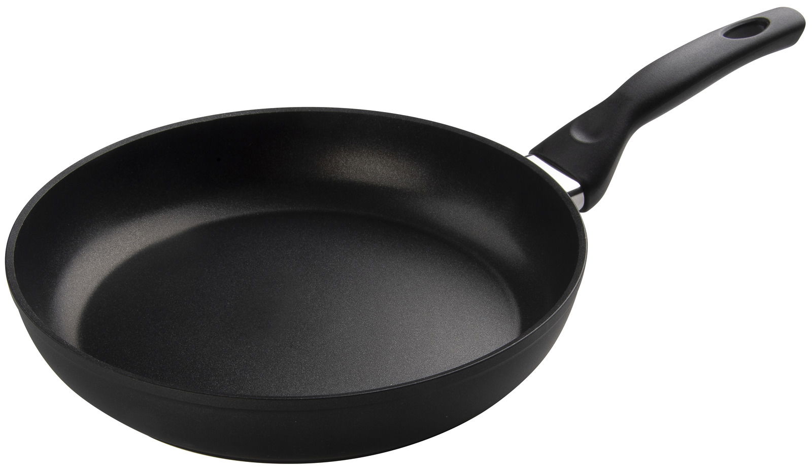 Schwarze Bratpfanne mit ergonomischem Griff, seitliche Perspektive