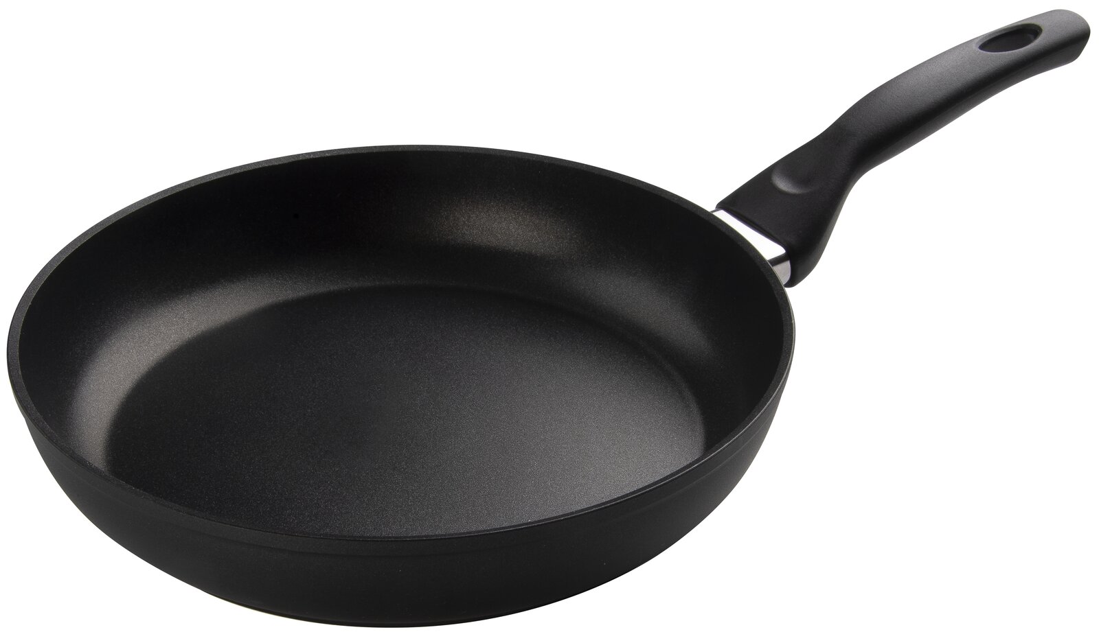 Schwarze Bratpfanne mit ergonomischem Griff, seitliche Perspektive