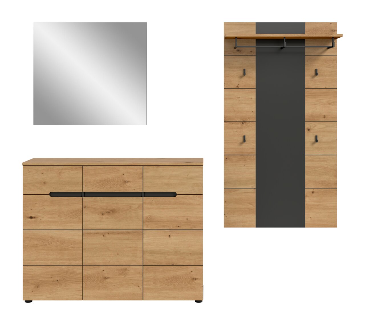 Modernes Möbel-Set aus heller Holzoptik mit schwarzem Metallgriff: Kommode in Frontansicht, Garderobenpaneel mit Haken in Frontansicht und quadratischer Spiegel in Frontansicht auf weißem Hintergrund